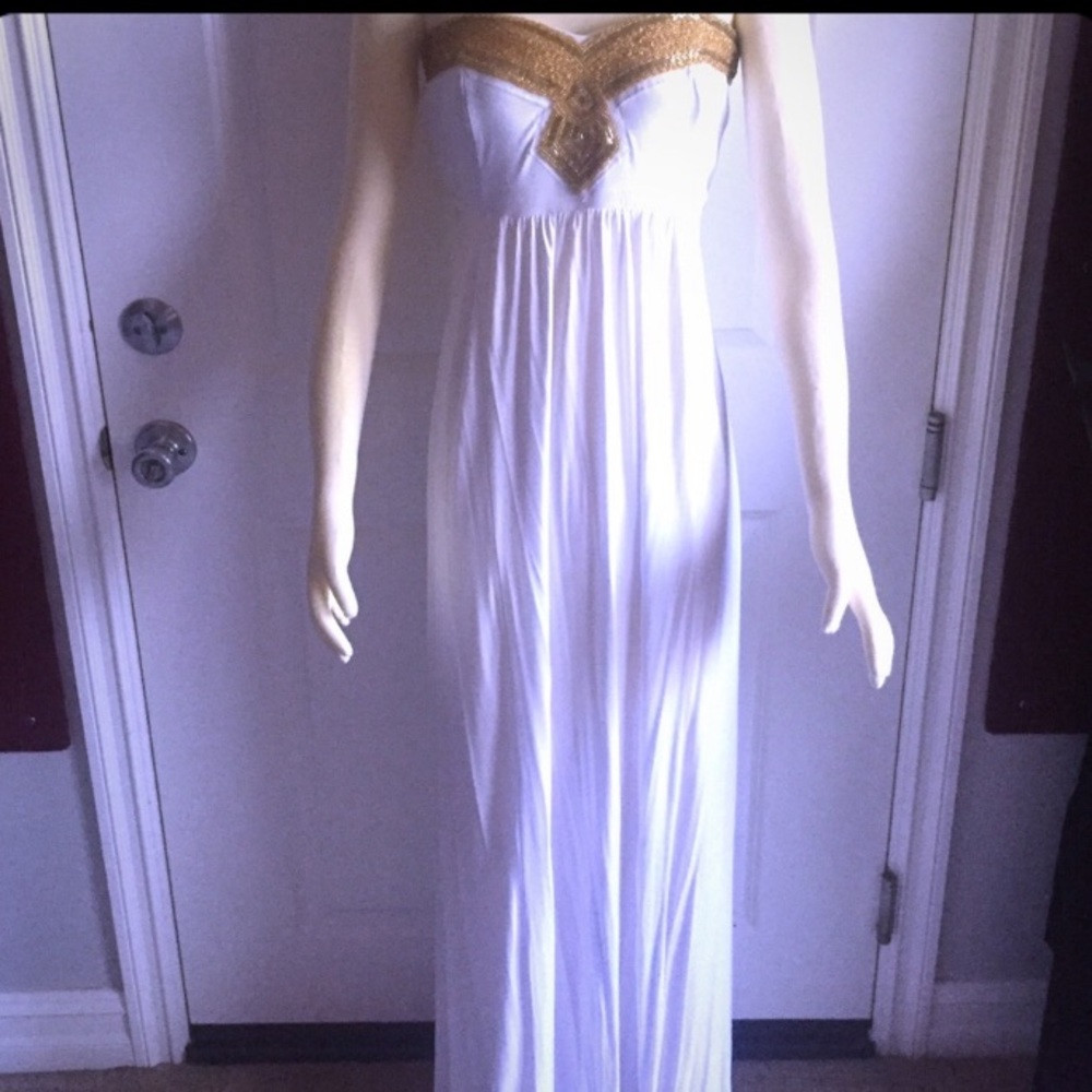 NWT Rare 2B Bebe White Gold Beaded Maxi Dress